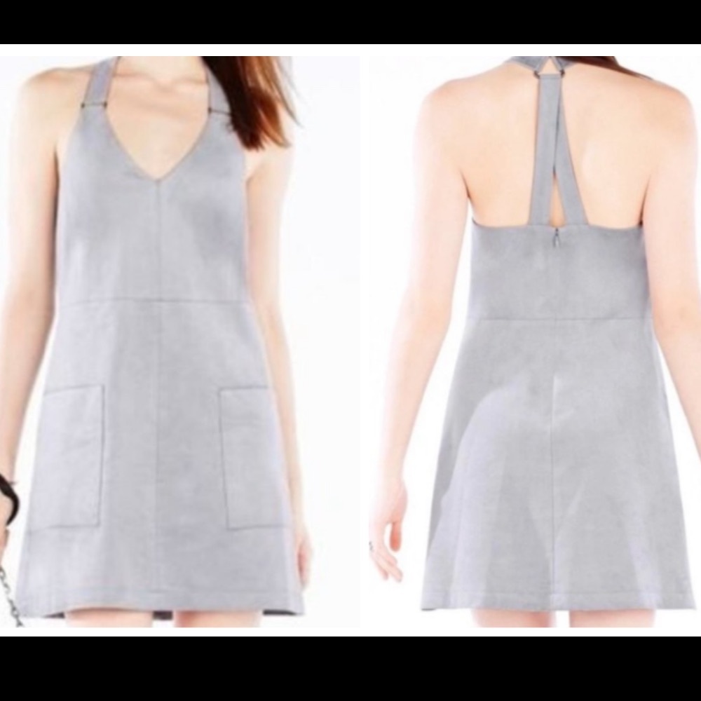 BCBGMaxAzria Abbott Faux Suede Mini Dress Size Small Racerback Pockets. EUC.